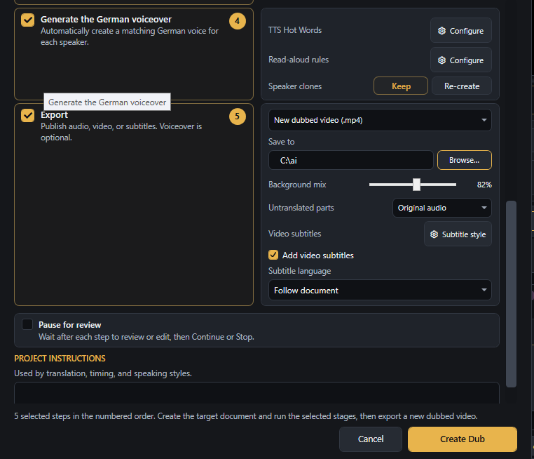 Additional settings in the Create New Dub dialog.