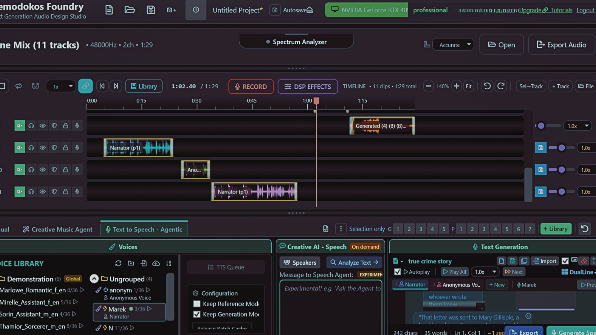 Demodokos Foundry — timeline editor, voice library, and Creative AI panel running locally on a desktop GPU.