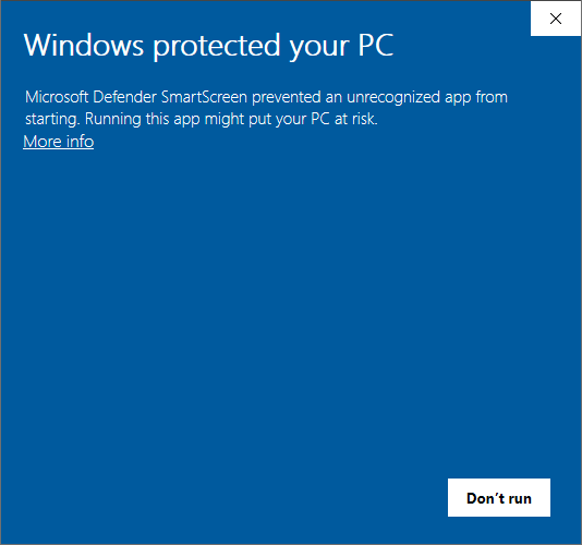 Windows SmartScreen warning dialog: Windows protected your PC